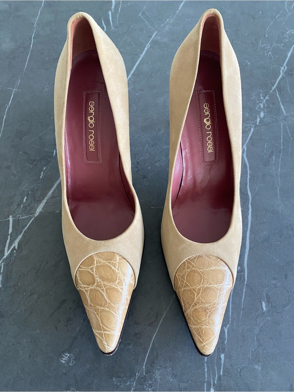 Sergio Rossi Tan Suede Pumps with Croc-Effect Cap Toe